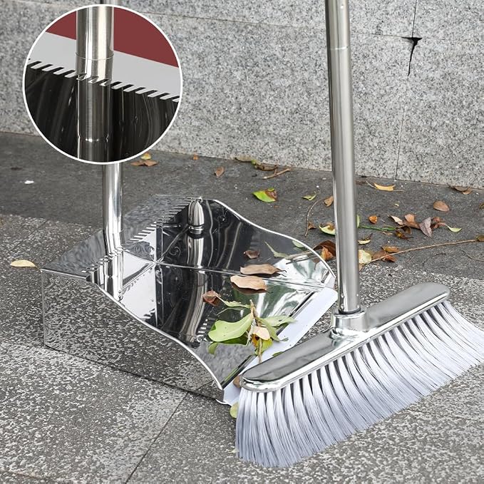 Metal Dustpan with Broom Set, Long Handle Stainless Steel Dustpan,Heavy Duty Standing Dust Pan with Teeth, Indoor Outdoor Up for Home Kitchen Lobby Room Office