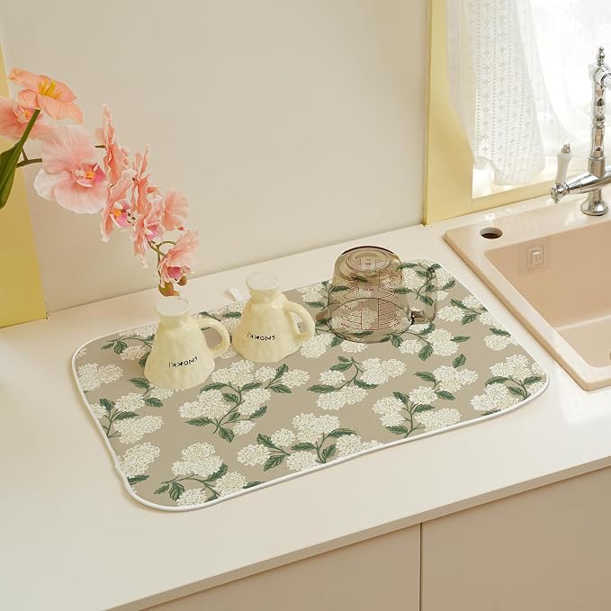 Beige Dish Drying Mat 18x24 Inch Khaki Green Vintage Floral Hydrangea Flower Drying Mat Spring Summer Seasonal Absorbent Dish Drying Pad Dish Rack Drainer Mats for Kitchen Dining Counter