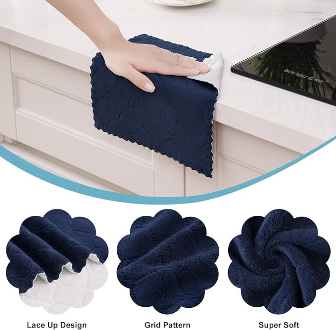 Homaxy 12 Pack Kitchen Cloths Dish Towels (10" x 10", Navy Blue & White), Super Soft and Absorbent Dish Cloths, Coral Velvet Microfiber Cleaning Cloth, Nonstick Oil Fast Dry Dishcloths