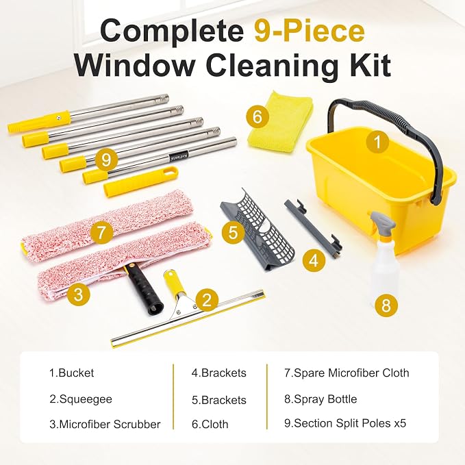 Professional Window Cleaning Kit with Bucket 3 Gallon, 6FT Extension Pole | Window Washing Kit with 14" Squeegee,15" Scrubber,Spray Bottle,Window Washing Equipment Cleaning Tool for Outdoor Home