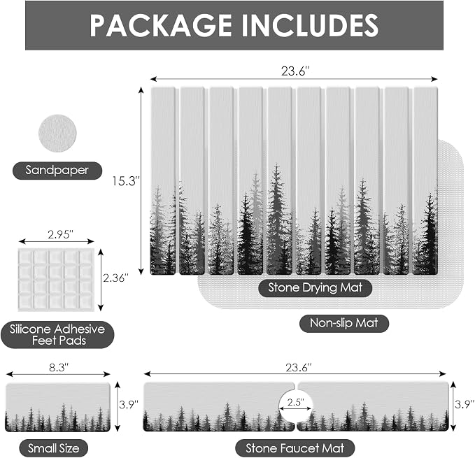4-Piece Large Stone Dish Drying Mat for Kitchen Counter, 24"x16" Super Absorbent Diatomaceous Earth Drying Mat Set with Faucet Mat & Small Utility Mat, Rollable Quick Dry Pad for Dishes, Cups, Bottles