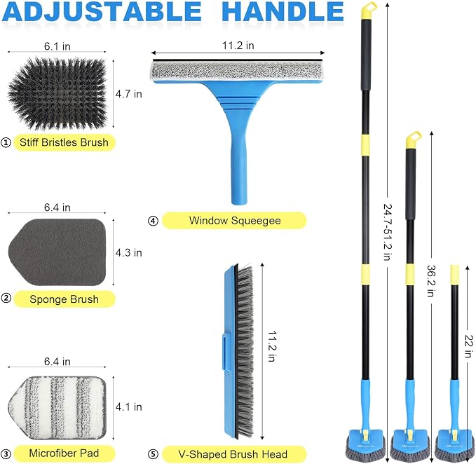 Tile Tub Scrubber Brush with 5 Different Function Cleaning Heads and 51" Extendable Long Handle Non Scratch Shower Scrubber for Cleaning Bathroom Kitchen Toilet Wall Bathtub