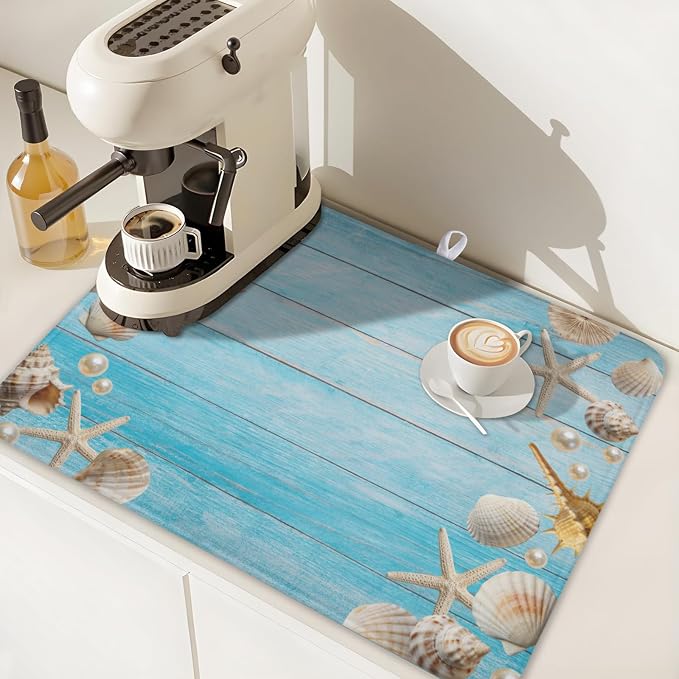 Summer Coastal Dish Drying Mat for Kitchen Counter Seashell Starfish Blue Wooden Board Microfiber Dish Drainer Mat Ocean Nautical Absorbent Washable Drying Pad Extra Large 18"x24"