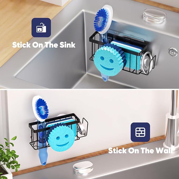 MURLONG Sponge Holder for Kitchen Sink,Sink Caddy Smiley Face,4-in-1 Sponge Holder with Suction Cups & 1 PCS Adhesive Strips for Holding Soap,Brush,Scrubber,Sponge,Stopper-Black