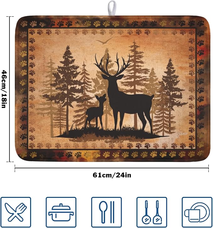 Giwawa Forest Deer Dish Drying Mat Wildlife Animal Dishes Pad 18"x24" Microfiber Absorbent Fast Dry Drainer Rack Mats for Kitchen Countertop Decor