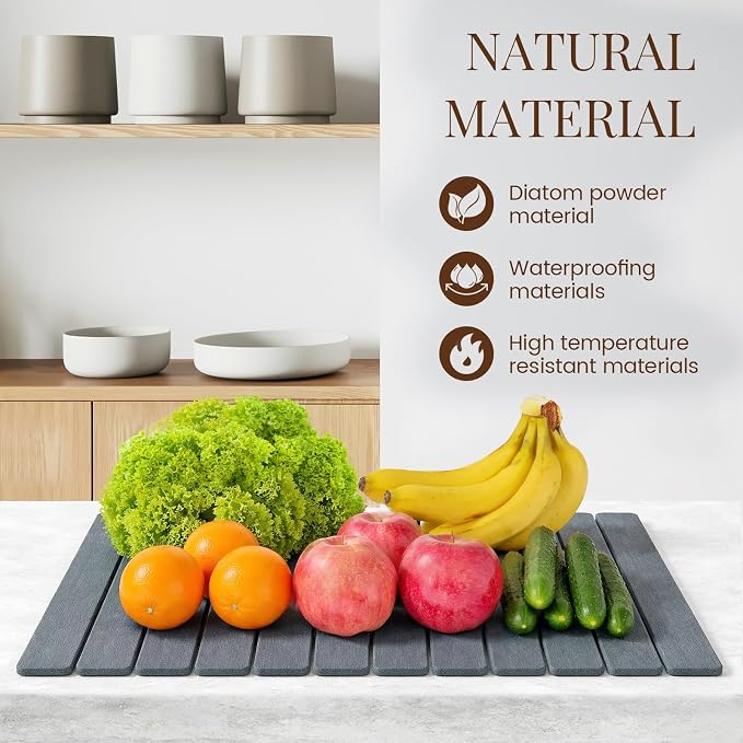 Large Stone Dish Drying Mats for Kitchen Counter 24"(L)×16"(W) Foldable Quick Dry Stone Dish Drying Mats Kitchen Absorbent Diatomaceous Earth Drying Stone Mat for Dishes Bottles Cups Dark Gray
