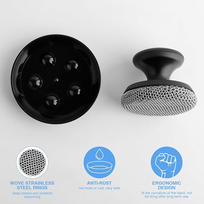 2PCS Cast Iron Scrubber Cleaner, Chainmail Scrubber for Cast Iron Pan Skillet, Dish Scouring Pad, 316 Stainless Steel Brush/Scraper for Metal Skillet Scrubbing, Wok, Dutch Oven Cleaning Kit - Thin