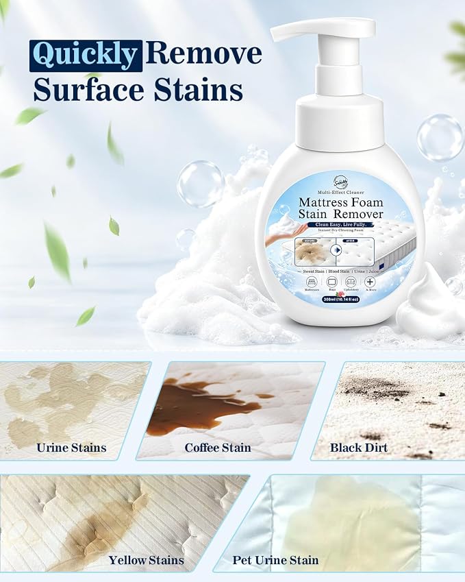 Snowlily Mattress Stain Remover Foam Spray - Multi-Surface Fabric and Upholstery Cleaner, Pet-Safe, Non-Toxic, Quick-Drying for Mattress, Couch, Carpet,300ml