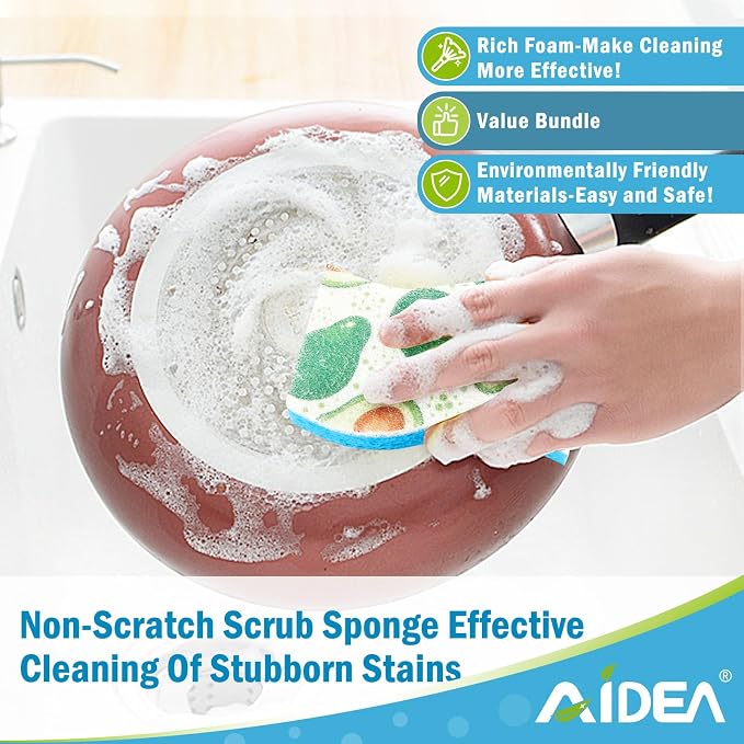 AIDEA Sponges Kitchen, Non-Scratch Scrub Sponge-6Count, Sponges for Non-Stick Cookware, Cellulose Sponge for Dishes, Cleans Fast Without Scratching, Cleaning Power for Kitchen, Bathroom, Household