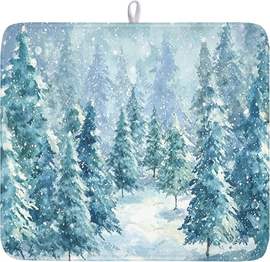 Winter Forest Dish Drying Mat for Kitchen Counter 16x18 Inch | Blue Christmas Pine Trees Snow Scene Dish Drainer Mat Rustic Seasonal Holiday Absorbent Washable Drying Pad