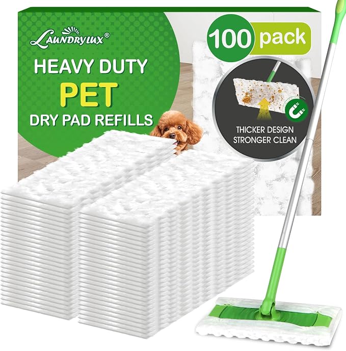 LAUNDRYLUX Heavy Duty Dry Sweeping Cloths Refills Compatible with Swiffer Sweeper, Multi Surface Pet Dry Pads Refill, Floor Cleaner for Dust, Hair, Dirt, Disposable Duster Mop Pad - 100 Count