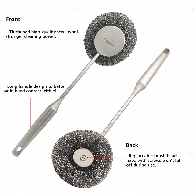 Stainless Steel Wool Scrubber Set, Long HandleBrushes for Pots, Pans, Grills & Cutlery Cleaning (3 Pack)