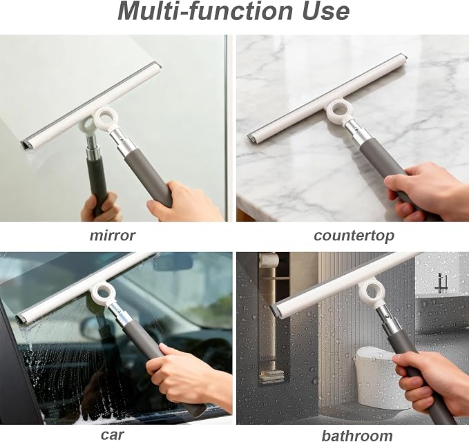 2-in-1 Shower Squeegee for Glass Doors with Telescopic Handle | Squeegee for Shower Glass with Microfiber Scrubber, Long Handle for Bathroom, Tile Wall, Car Windshield, Window,Mirror