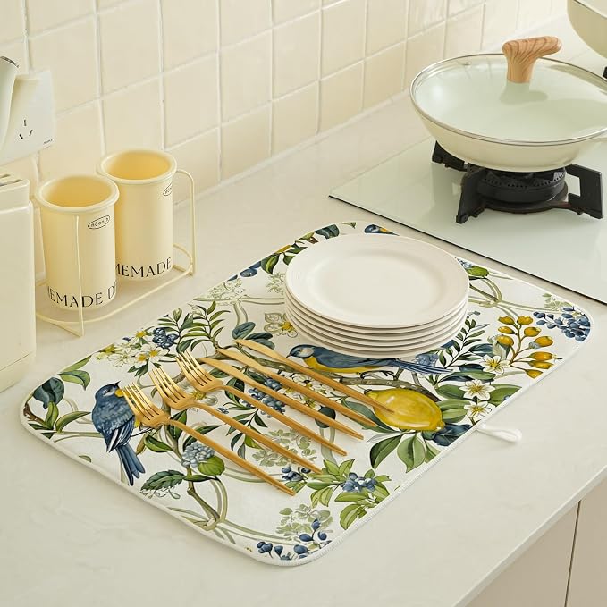 Sage Green Blue Bird Floral Dish Drying Mats 18x24 Inch Vintage Botanical Yellow Lemon Flower Decorative Kitchen Decor Absorbent Drying Pad Rack Drainer Mats for Kitchen Dining Room Counter