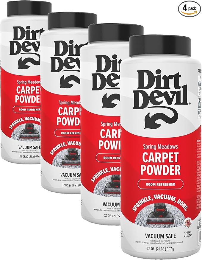 Dirt Devil Carpet Powder,32 oz,Room Refresher and Odor Eliminator,Spring Meadows Scent,Vacuum Cleaner Safe,For Use on Carpets,Rugs,Upholstery and More,Carpet Freshener Powder for Home Use (Pack of 4)