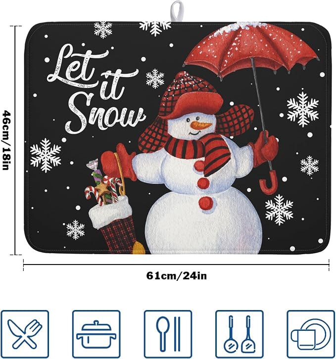 Black Snowman Dish Drying Mats for Kitchen Counter, Winter Snowflake Dish Mat Absorbent Reversible Microfiber Dish Drying Pad Christmas Kitchen Drying Mat Dish Drainer Rack Mats for Bar 18”x24”