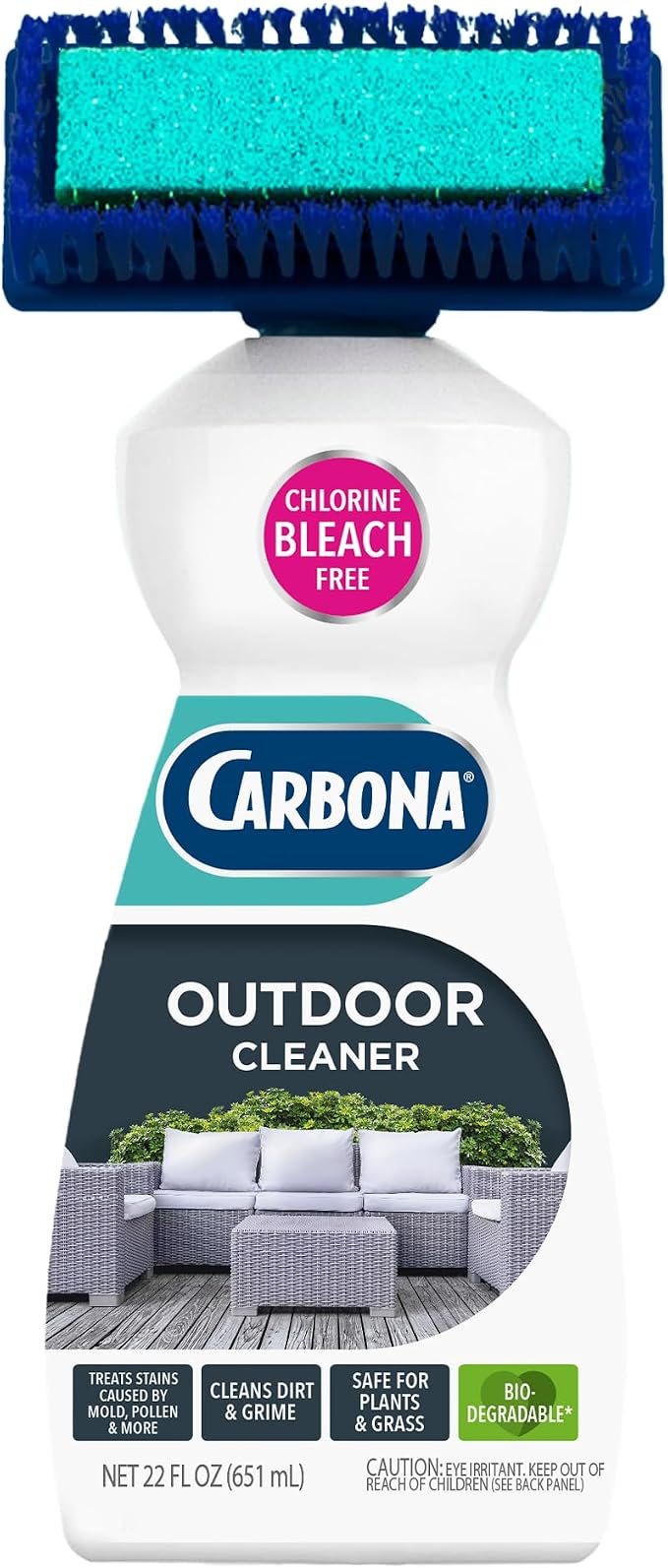 Carbona Oxy Powered Outdoor Cleaner with Built-In Brush (22 Fl Oz), Spot Cleaner for Outdoor Furniture, Rugs & Decks, 2-in-1 Sponge & Bristle Brush