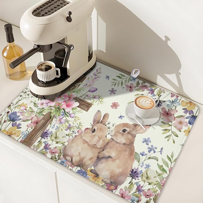 Easter Bunny Dish Drying Mat 18 x 24 Inch Rabbit Dish Drainer Rack Mat Colorful Floral Mat Absorbent Microfiber for Holiday Kitchen Coffee Dining Bar Decor