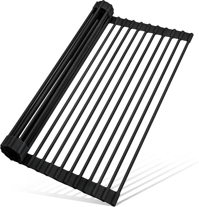 MERRYBOX Roll Up Dish Drying Rack, Silicone Wrapped Over The Sink Dish Rack Foldable Dish Drainer Anti-Slip Dish Racks for Kitchen Counter, Multipurpose Kitchen Sink Drying Rack, 18" x 13", Black