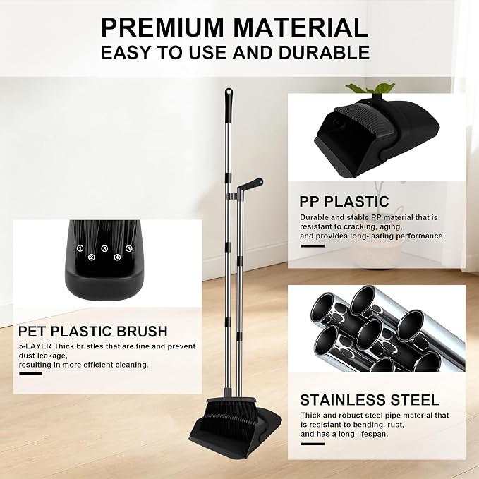 Broom and Dustpan Set with Long Handle, 51" Upright Broom & 39" Dustpan Combo, Pet Hair Rubber Lip Dustpan with Built-in Comb, Standing Dust Pan Set for Home Kitchen Office Indoor Use