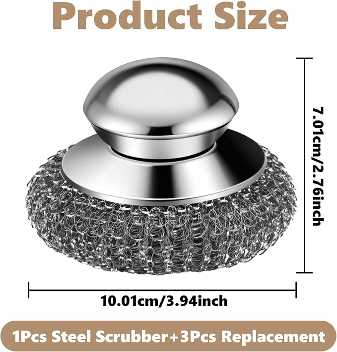 Steel Wool Scrubber, 4-Pack Stainless Steel Scrubber Pads with Handle - The Ultimate Scouring Solution for Rust, Stubborn Messes on Cookware, Grill, Oven & Kitchen Sinks