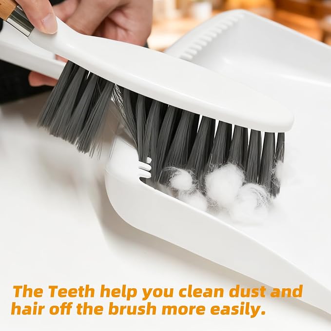 Small Broom and Dustpan Set, Multipurpose Dustpan and Brush Set with Wood Handle Teeth,13 x 8.7 inch, Hangable Portable Cleaning for Kitchen, Desktops, Bedroom, Pet Care, Camping, White,1 Set