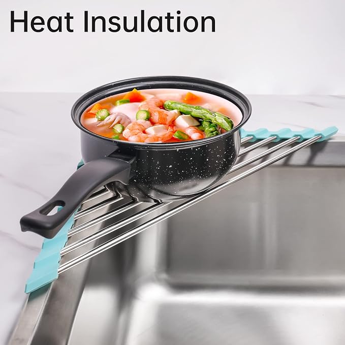 Tomorotec Green Triangle Roll-Up Dish Drying Rack for Sink Corner - Small, Foldable, Stainless Steel, Multipurpose Kitchen Drainer Caddy, Trivet, Rustproof Organizer, Storage Shelf