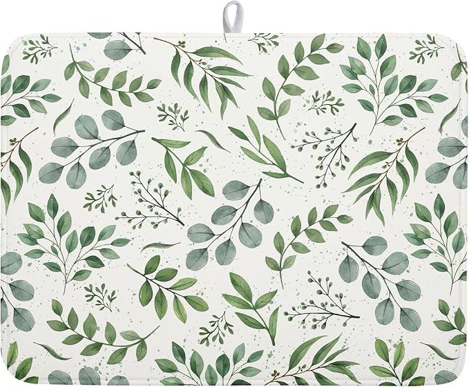 Kawani Sage Green Dish Drying Mat 18x24 In Absorbent Reversible Eucalyptus Leaves Plant Drying Mat Green Plant Dish Drying Rack Mat Spring Summer Themed Dish Drainer Mat for Kitchen Counter Coffee Bar