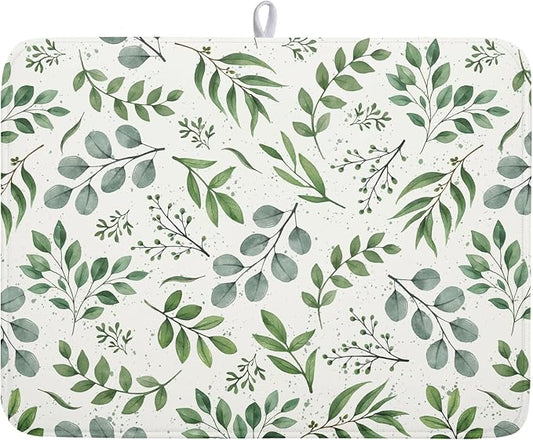 Kawani Sage Green Dish Drying Mat 18x24 In Absorbent Reversible Eucalyptus Leaves Plant Drying Mat Green Plant Dish Drying Rack Mat Spring Summer Themed Dish Drainer Mat for Kitchen Counter Coffee Bar