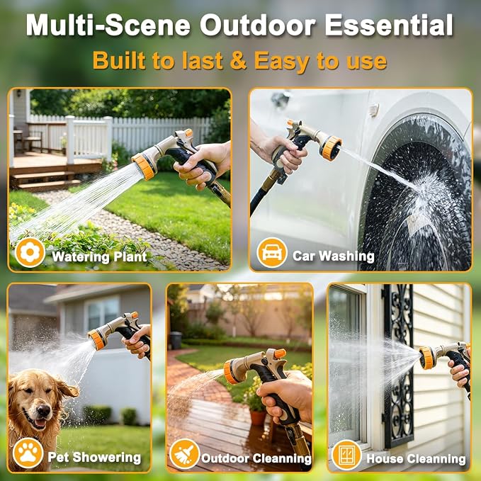 FANHAO Metal Garden Hose Nozzle Heavy Duty, Rear Trigger Water Sprayer | 7 Adjustable Spray Patterns, Flow Control, Hands-Free Lock, Ergonomic Anti-Slip Soft Grip Water Nozzle for Garden, Car & Pet