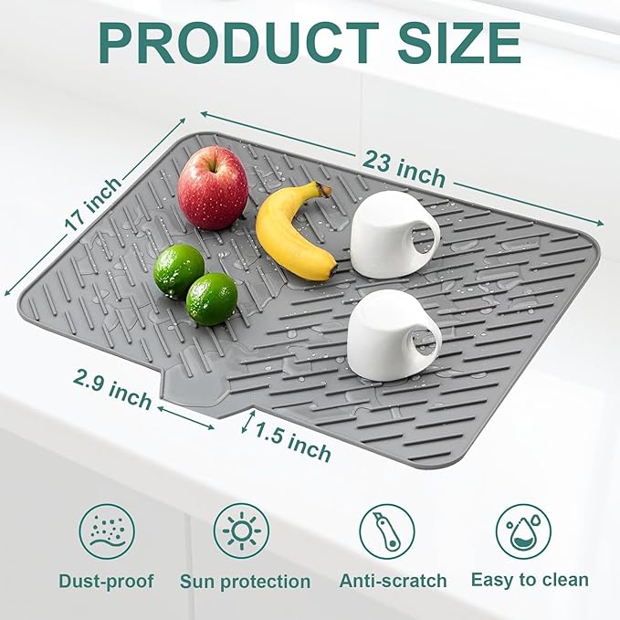 Silicone Dish Drying Mat 23x17,Food-Grade Silicone,Easy Clean Pad for Countertop Protection,Heat Resistant,Easy Clean,Non-Slip Drain Pad with Built-in Drain,Multi-Functional Use,Gray