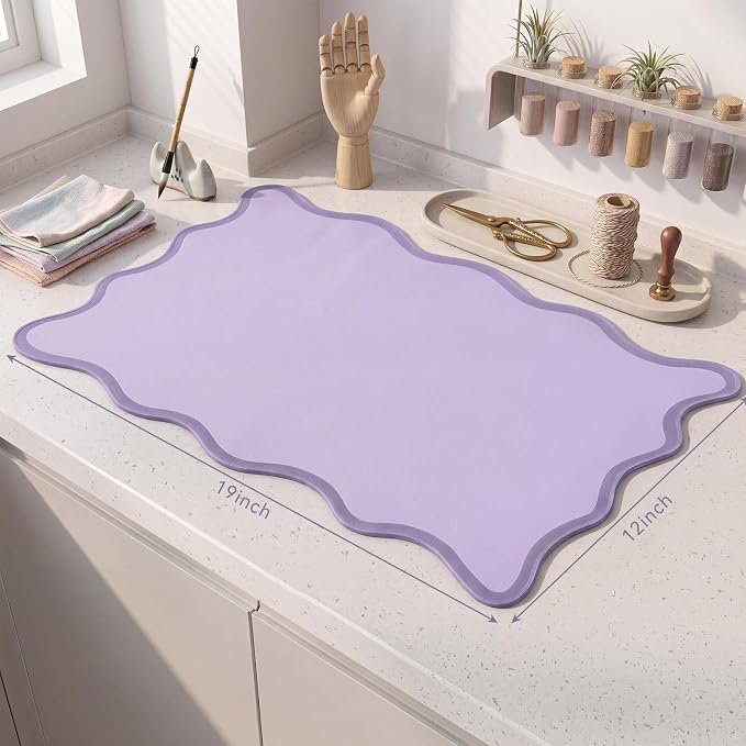 Nuanchu Purple Scalloped Coffee Mat 12" x 19" Coffee Bar Accessories Cute Dish Drying Mat for Kitchen Counter Aesthetic Waterproof Coquette Drainer Pad
