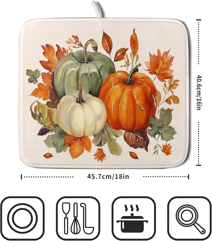 Giwawa Fall Pumpkin Dish Drying Mat Autumn Leaves Absorbent Dishes Pad 16x18 Inch Seasonal Microfiber Dish Drainer Rack Mat for Kitchen Countertop