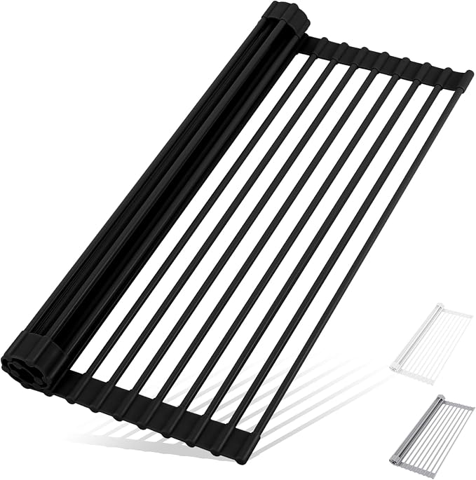 HANZENMA Roll Up Dish Drying Rack Over The Sink Kitchen Roll Up Sink Drying Rack Multipurpose Foldable Sink Drying Mat, Heat-Resistant, Anti-Slip & Anti-Rust Dish Rack for Kitchen, 17" x 13", Black