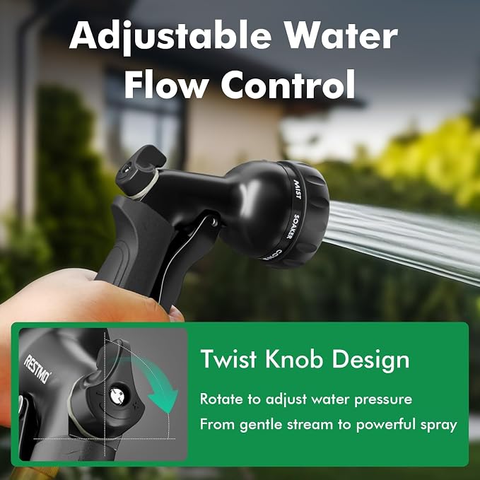RESTMO Garden Hose Nozzle, Heavy Duty Water Hose Nozzle with 7 Adjustable Spray Patterns, High Pressure Hand Sprayer with Flow Control, for Watering Plants & Lawns, Washing Cars & Pets, Flash Black