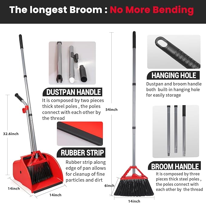 Commercial Broom and Dustpan Set,Heavy Duty Broom Set,Jumbo Debris Dustpan | Dustpan (14inch*14inch) , Broom(14inch Width) ,Trash Collection for Commercial /Industrial Cleaning ,2Sets, Red