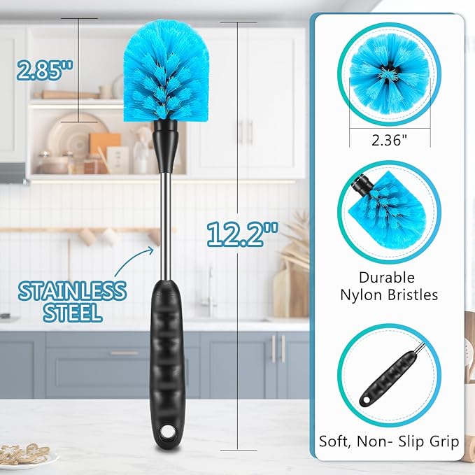 12.2 inch Bottle Brush Set of Three，Washable Coffee Cups, Water Bottles, Baby Bottles, Straws, to-go Cups, Long-Handled 3-in-1 Stainless Steel Bottle Brushes. (Blue)