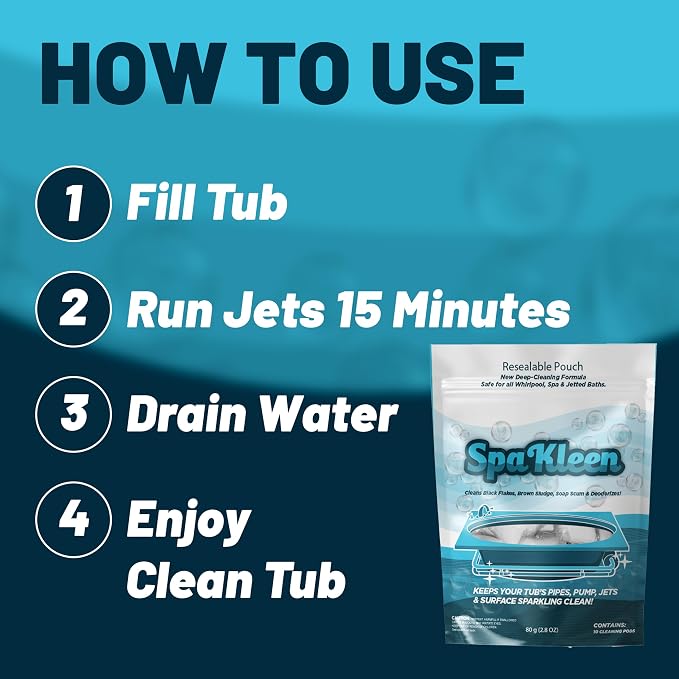 Jetted Tub Cleaner for Whirlpool and Jacuzzi, Unscented Septic Safe Powder, Removes Biofilm Buildup Sludge Soap Scum and Black Flakes, Fast 15-Minute Action, Made in USA
