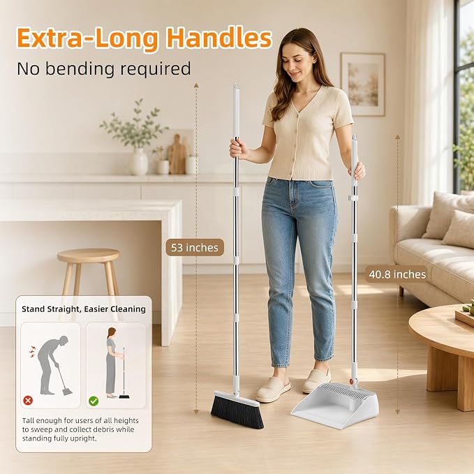 Broom with Dustpan Combo Set, 53" Long Handle, Includes 2 Broom Heads | Collapsible Broom and Dustpan Set, 180° Swivel Broom Head, 360° Lockable Dustpan, Built-in Hair Comb
