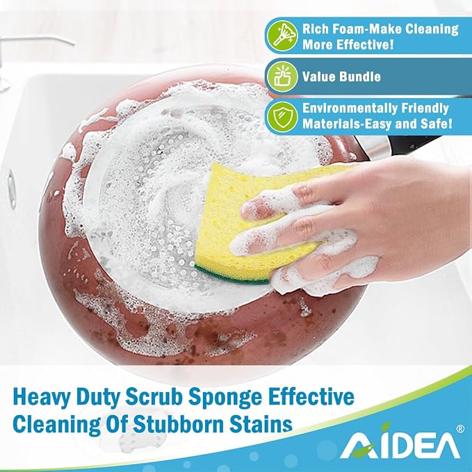 AIDEA Sponges Kitchen, 6Count, Heavy-Duty Scrub Sponges, Sponge for Dishes | Sponges for Non-Coated Cookware, Scrubbing Power for Tough Messes, Cleaning Sponge for Kitchen, Bathroom, Household