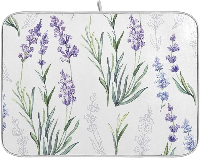Absorbent Dish Drying Mat for Kitchen Counter - Cute Purple Lavender Microfiber Drying Pad, Reversible Drainer Mats for Countertop, Large 18 x 24 inch