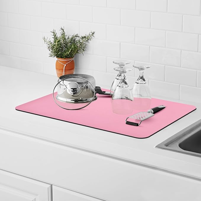 2PCS 12" x 19" Dish Drying Mat & 24" x 5.5" Faucet Mat for Kitchen Sink, Super Absorbent Kitchen Counter Mats & Sink Splash Guard, Easy to Clean Dish Rack Pad for Dishes Countertop, Pink