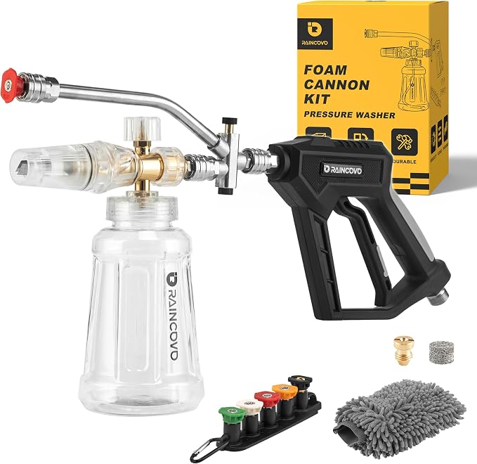 Foam Cannon with Pressure Washer Gun, Dual Connector Accessories | Snow Soap Attachment for Car Wash, 5 Nozzles Tips with Holder, 1/4” Quick Connect, Additional 1.1 mm Orifice Nozzle