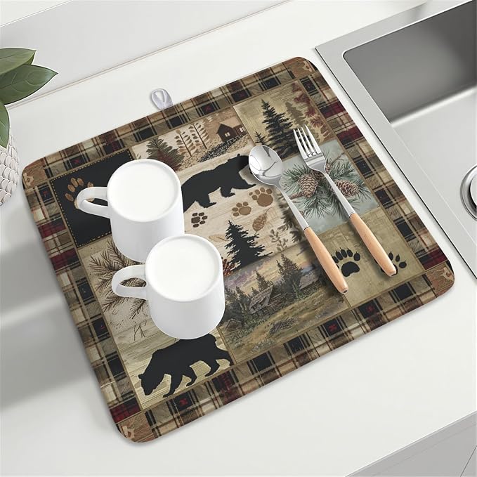 Giwawa Black Bear Dish Drying Mat Forest Cabin Decorative Dishes Pad 16x18 Inch Absorbent Fast Dry Dish Drainer Rack Mats for Kitchen Counter Sink