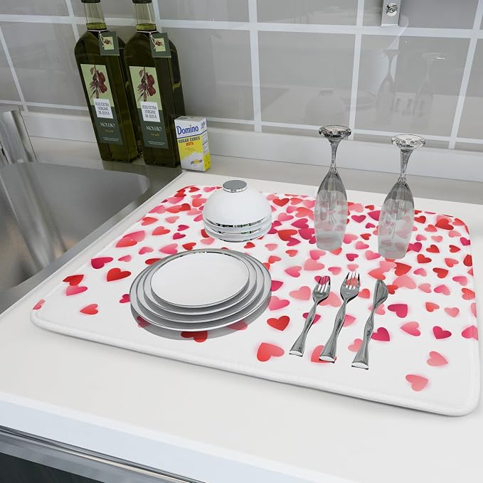 Valentine's Day Dish Drying Mat for Kitchen Counter Hearts Holiday Microfiber Absorbent Dish Draining Reusable Washable Foldable Extra Large 18"x24"