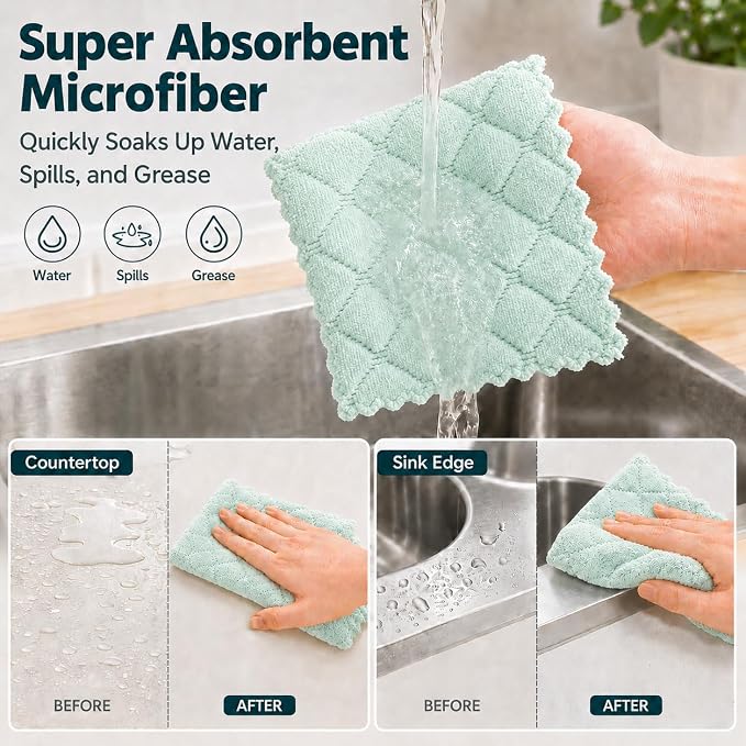 kimteny 12 Pack Dish Cloths for Washing Dishes, Super Absorbent Microfiber Kitchen Dish Rags, Fast Drying Coral Velvet Dish Cloths for Kitchen Counter and Dishes (Green-Grey)