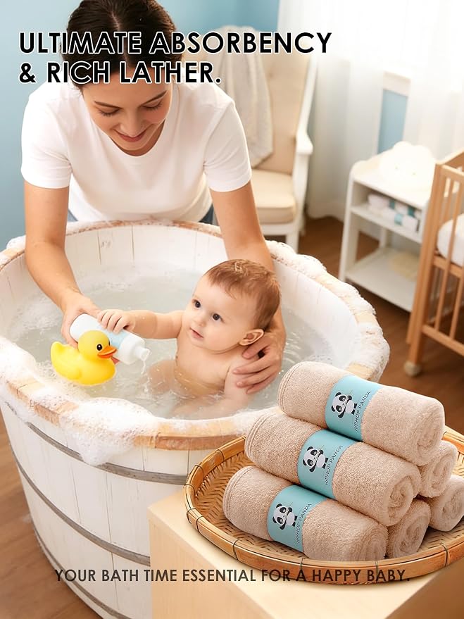 HIPHOP PANDA Baby Washcloths, Rayon Made from Bamboo - 2 Layer Ultra Soft Absorbent Newborn Bath Face Towel - Reusable Baby Wipes for Delicate Skin - Brown, 6 Pack