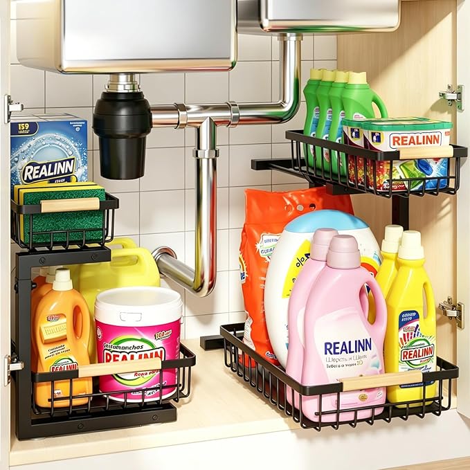 REALINN Under Sink Organizer, 2 Pack Height Adjustable Under Sink Organizers and Storage, 2 Tier Pull Out Drawer Cabinet Storage for Kitchen Bathroom