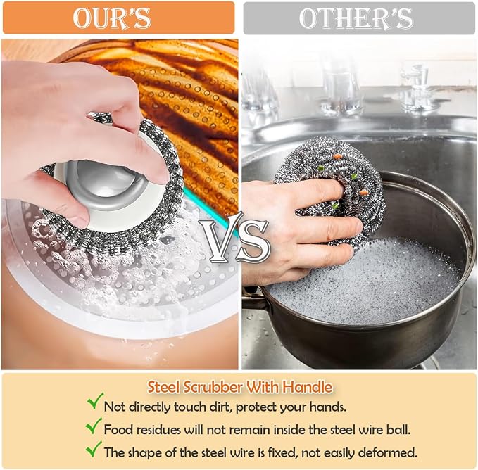2Pcs Stainless Steel Scrubber with Handle, Steel Wool Scrubber Tool for Cleaning Dishes, Scrubbing Scouring Brush Pad for Kitchen Pots, Pans, Sink
