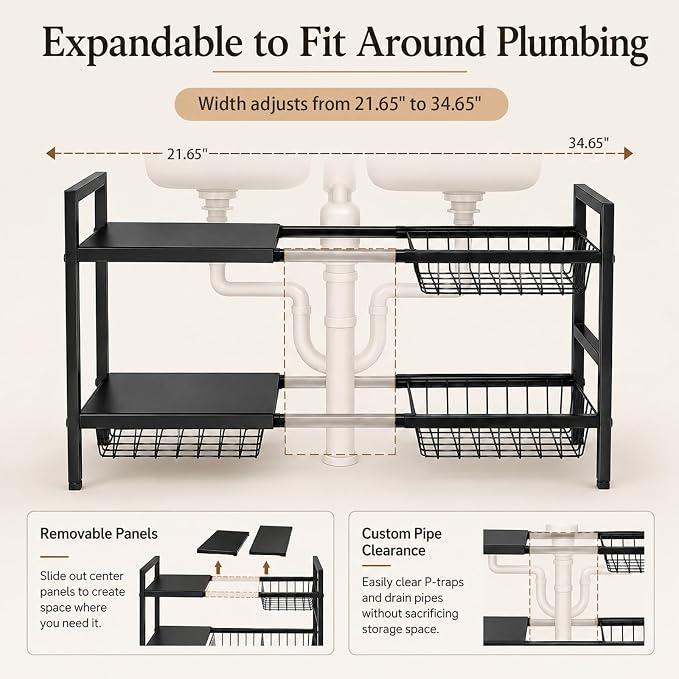 Expandable Under Sink Organizer, 2 Tier Under Sink Shelf, Height Adjustment, Under Sink Shelves with 3 Removable Baskets and 3 Removable Panels for Bathroom Kitchen Pantry Cabit black 21.65in